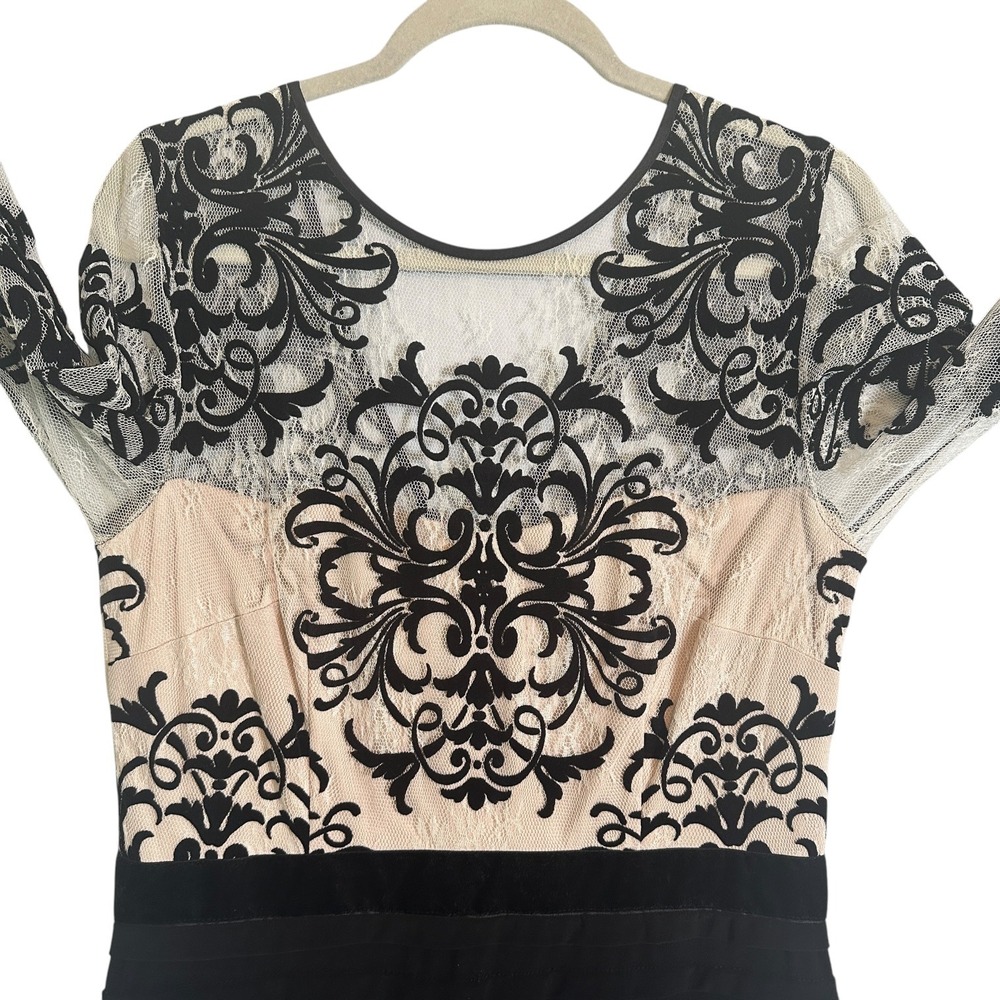 Betsy & Adam Dress Lace Damask Tiered Bandage Long Sleeve Black Nude 14 Cocktail - Picture 6 of 11